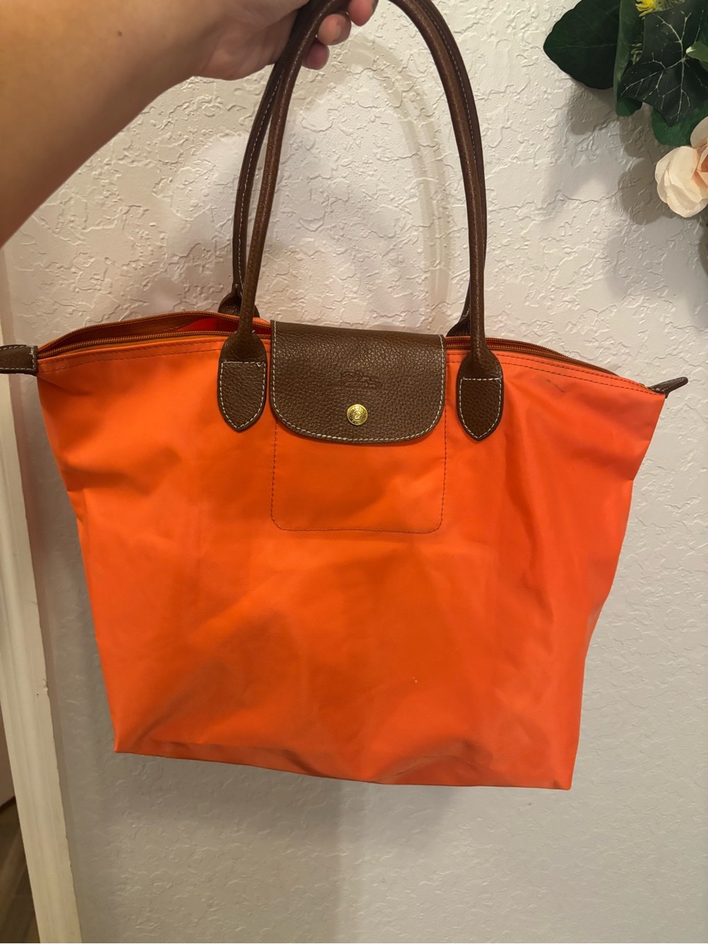 Longchamp Le Pliage Original Large Tote orange Brown Leather Shoulder Bag Nylon